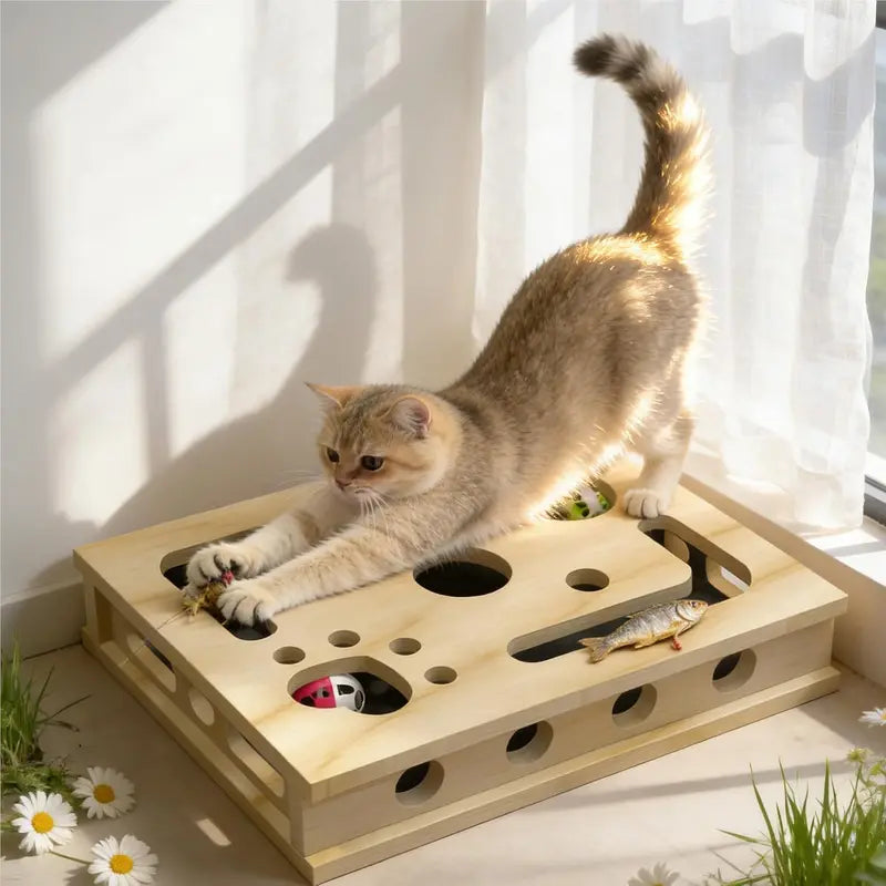 LIVANIRA Universal Wooden Cat Scratch & File Enrichment Box - Claw Care Puzzle Toy with Replaceable Filing Pad, Large Scratch Area, Treat Openings, 3 Toy Balls for Indoor Cats Familyfun