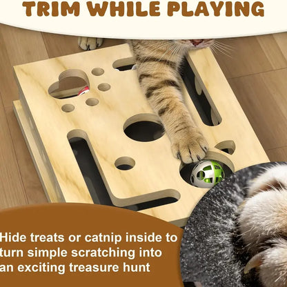 LIVANIRA Universal Wooden Cat Scratch & File Enrichment Box - Claw Care Puzzle Toy with Replaceable Filing Pad, Large Scratch Area, Treat Openings, 3 Toy Balls for Indoor Cats Familyfun